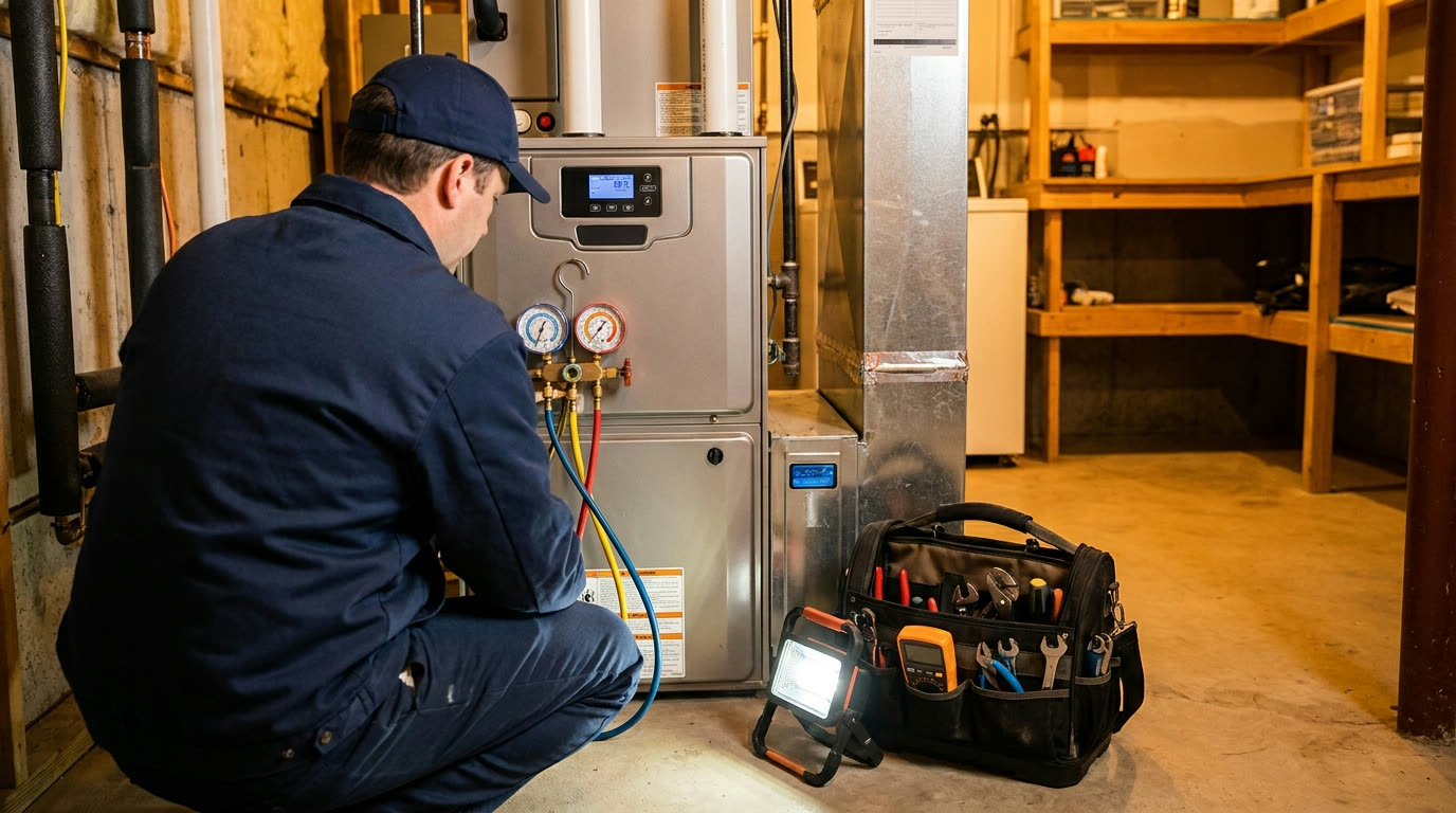 HVAC technician with gauges connected to a high-efficiency furnace in a tidy utility room