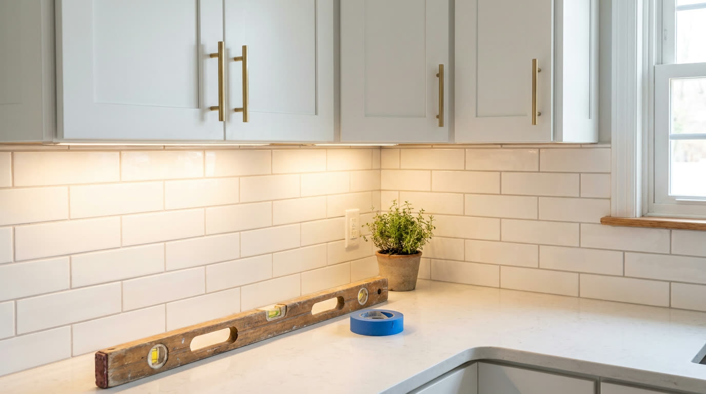 Freshly remodeled kitchen with new shaker cabinets, brass pulls, and warm under-cabinet lighting