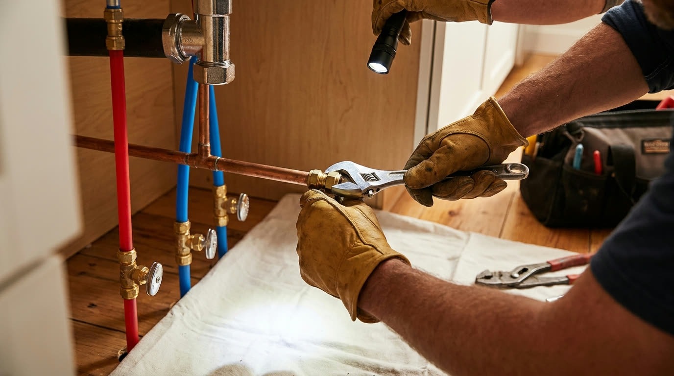 Plumber tightening a brass fitting on copper supply lines under a kitchen sink
