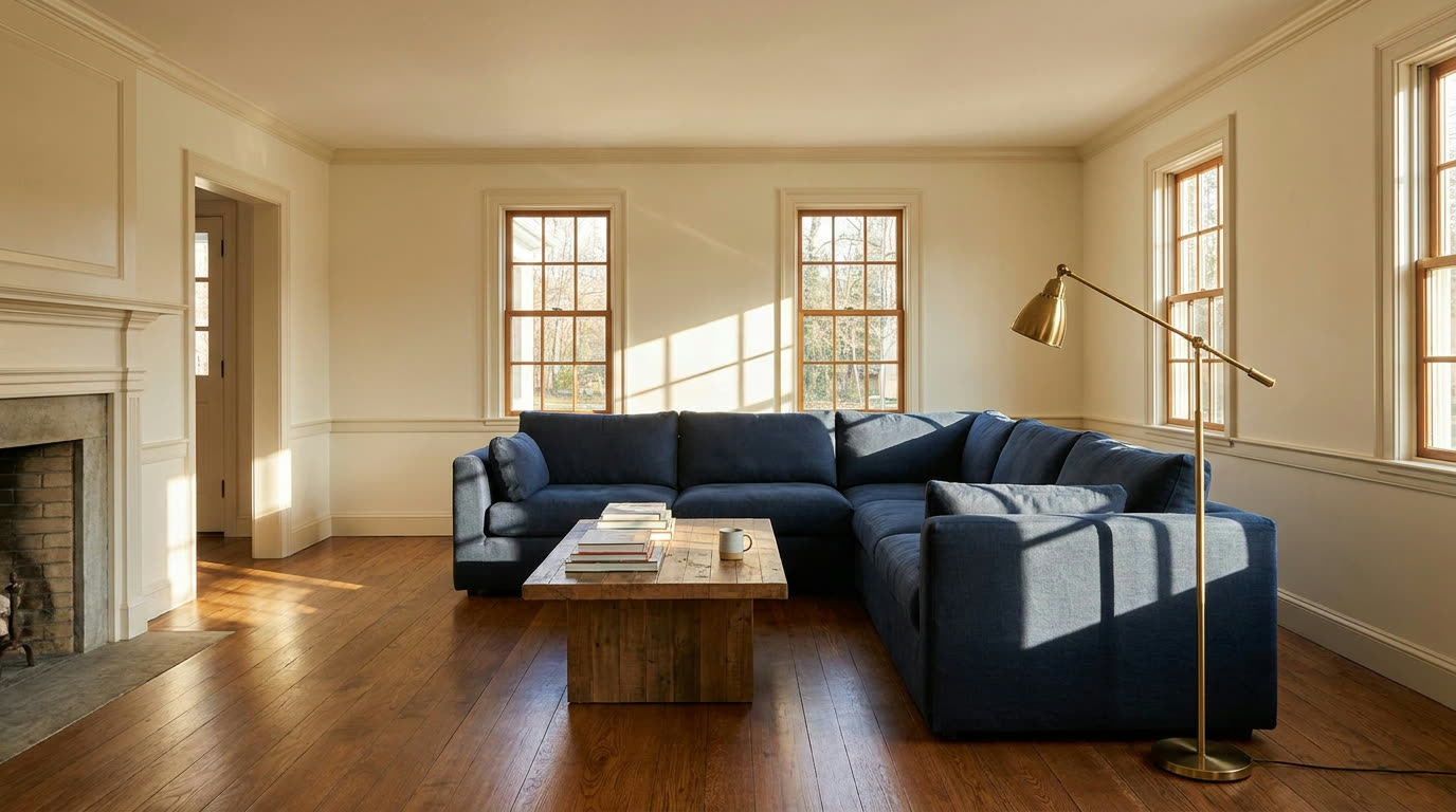 Renovated living room with refinished oak floors, fresh trim, and late-day sun
